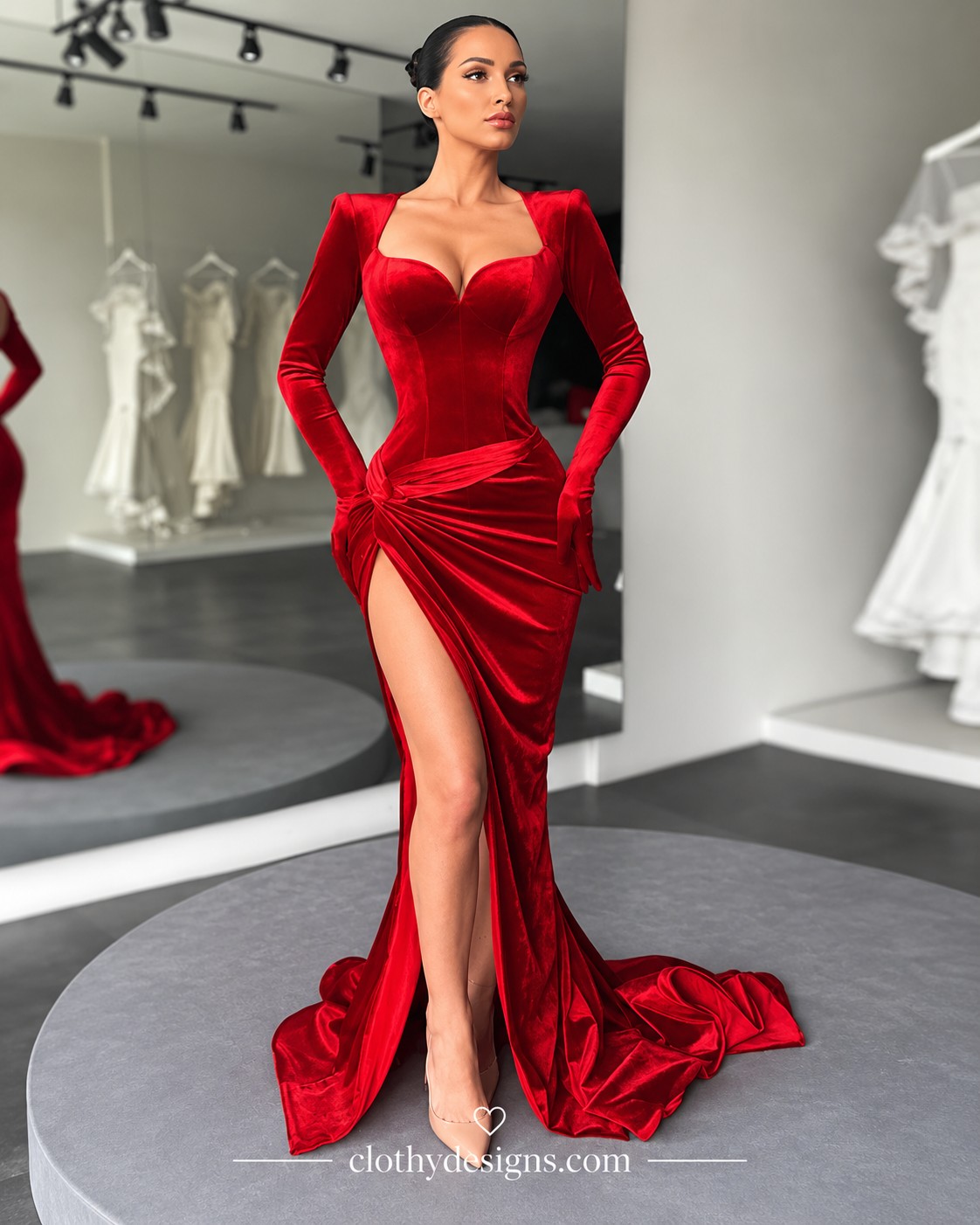 Women's Elegant Velvet Maxi Dress – Ruched Evening Gown with Slit, Long Sleeves & Glamorous Club Style